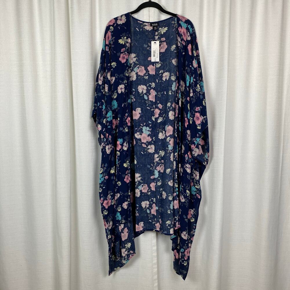A.N.A. A New Approach Navy Pansy Floral Kimono Sz.S-MT NWT